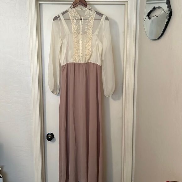 Vintage Prairie Cottage Core Sheer Cream & Beige Color Long Dress - Picture 1 of 15